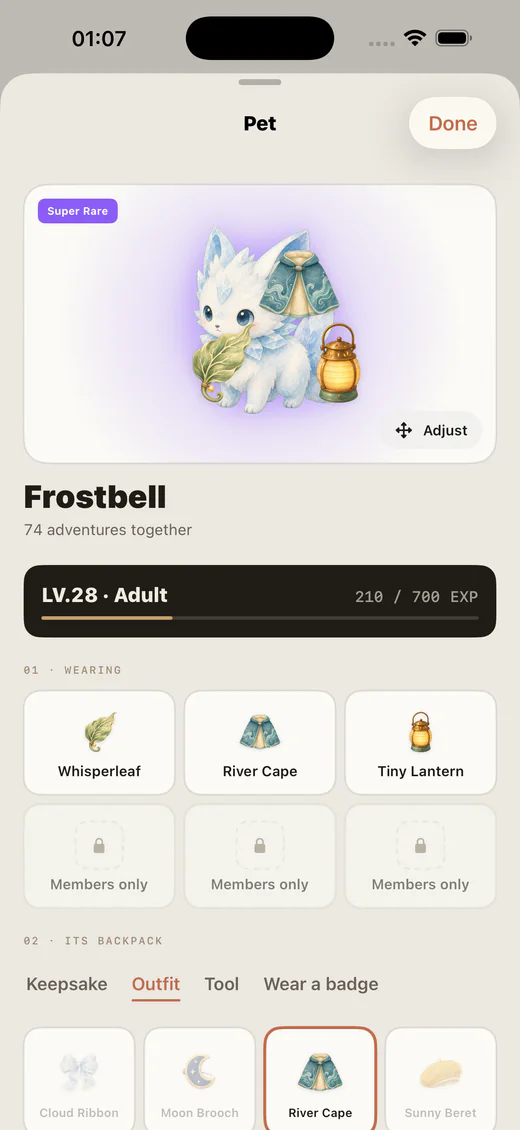 Lumea pet detail with universal wearable slots and inventory
