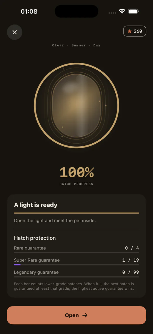 Lumea Hatching screen at 100% progress