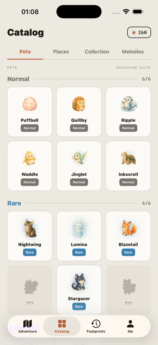 Lumea Pets catalog with collected pets and locked silhouettes