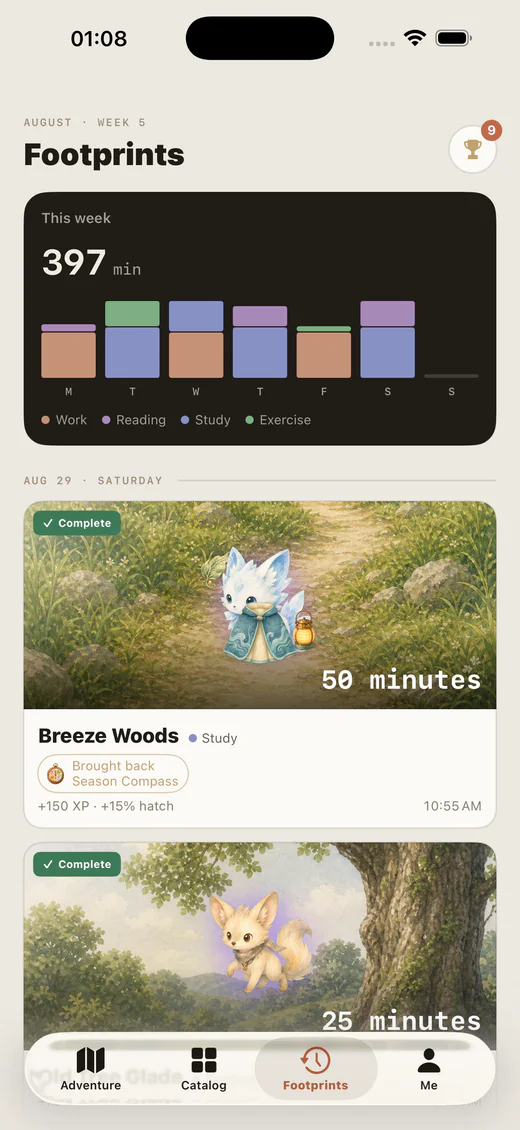 Lumea Footprints showing a 397-minute weekly chart and adventure history