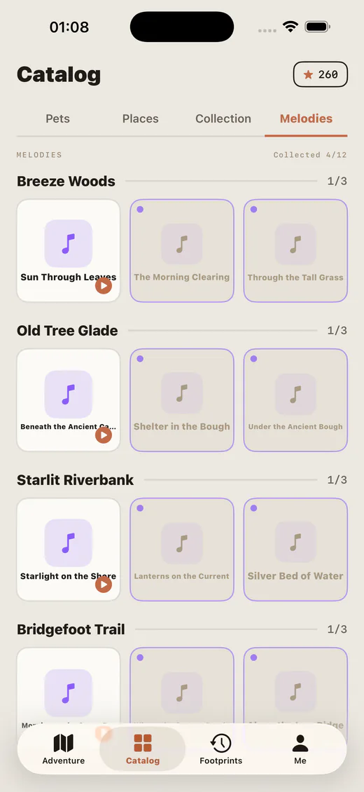 Real Lumea Melodies catalog showing four map groups, collected tracks, and preview buttons