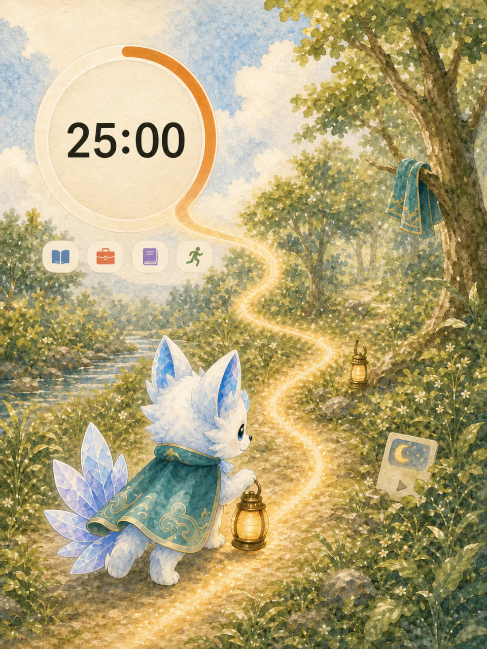 Lumea focus campaign artwork where a 25-minute timer becomes an adventure path through a watercolor forest