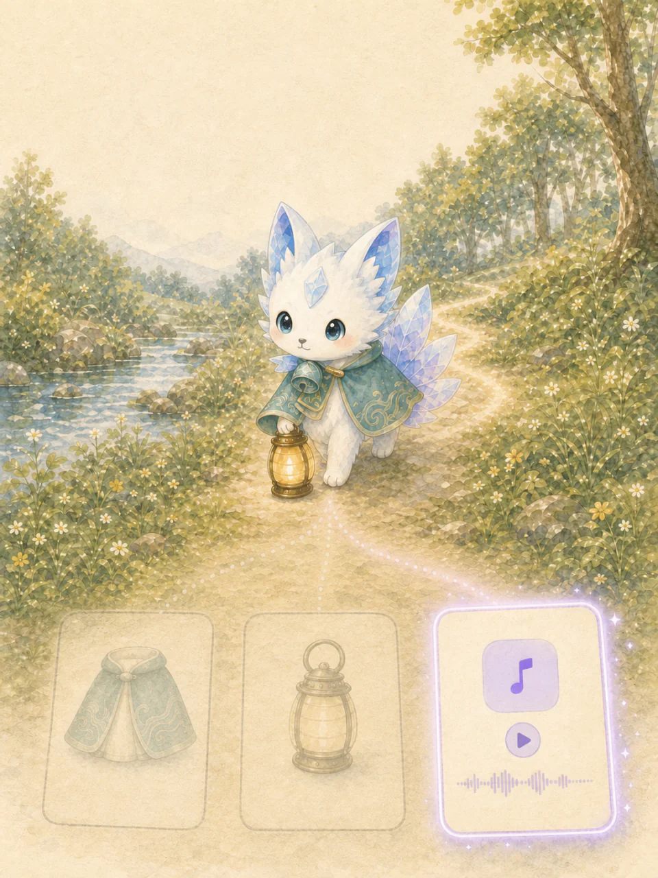 Lumea return artwork showing Outfit, Tool, and Melody as possible discoveries, with only the Melody card and its path highlighted